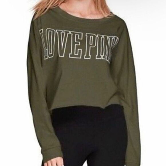 PINK Victoria's Secret Distressed Long Sleeve Crop Tee green size XS - Picture 1 of 4